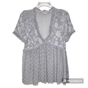 Pol Sheer Polka Dot Top with Ruffles in Gray Size S